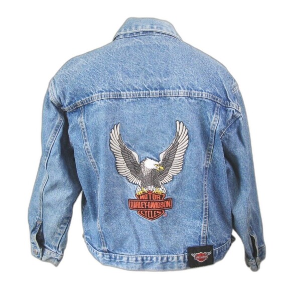 VTG 80s Harley-Davidson Motorcycles Women M 12-14 Eagle Embroidered Denim Jacket